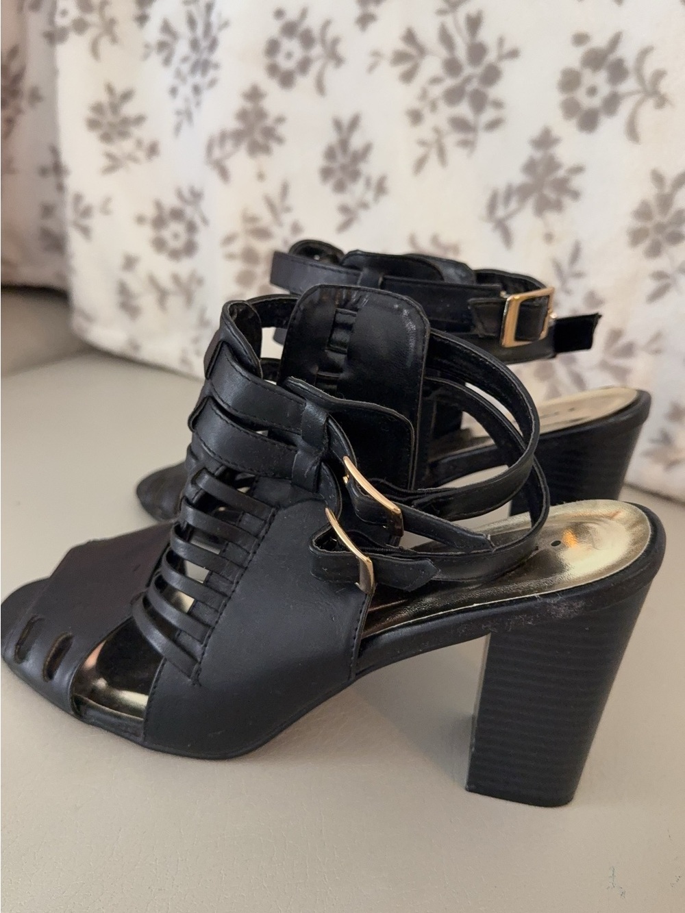 Black Strappy Block Heel Sandals - Women's